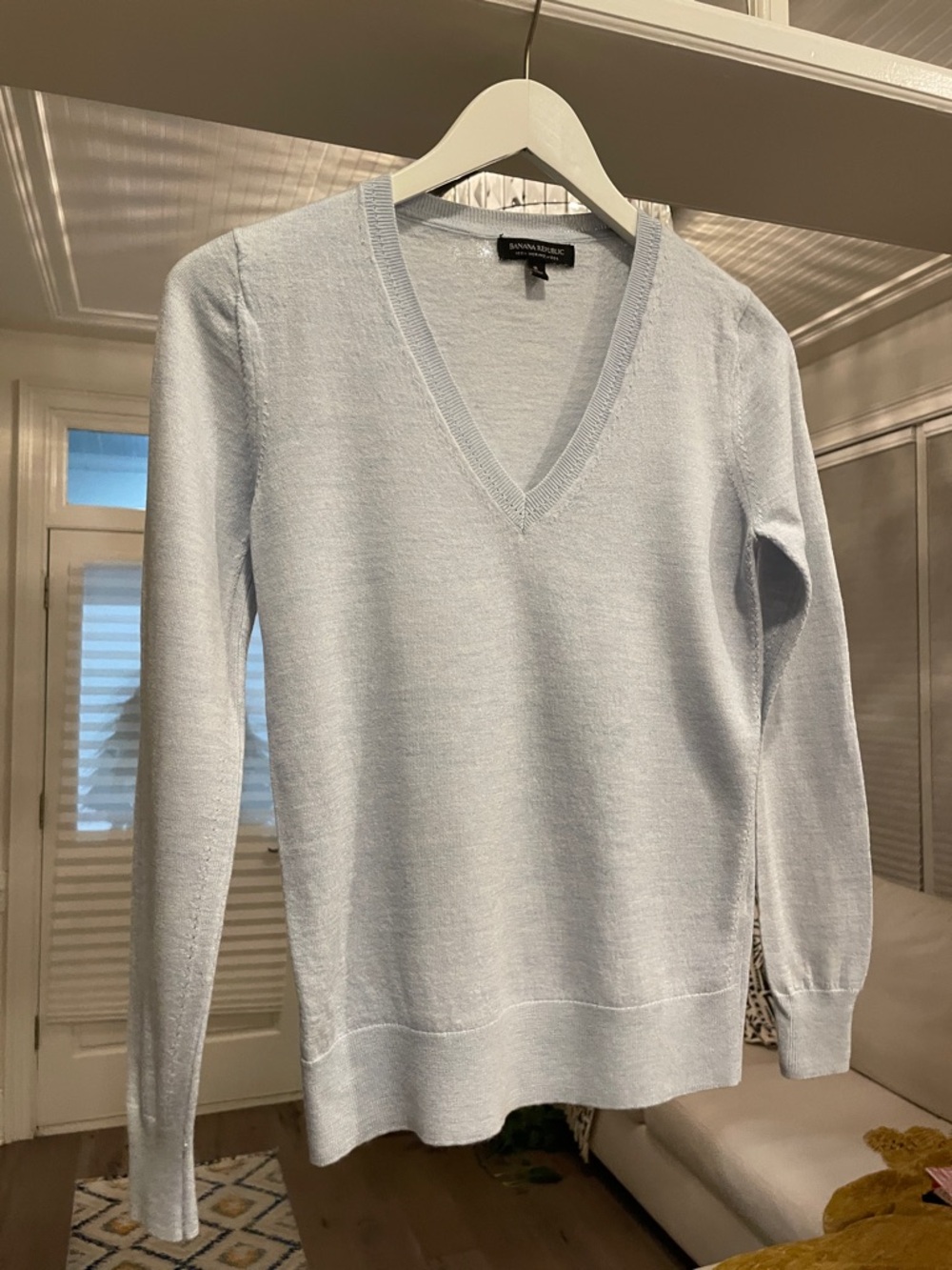 Baby Blue V-Neck Lightweight Knit Sweater 100% Merino Wool